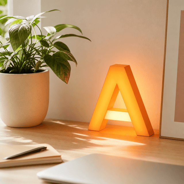 Desk with a glowing Artifia A lamp