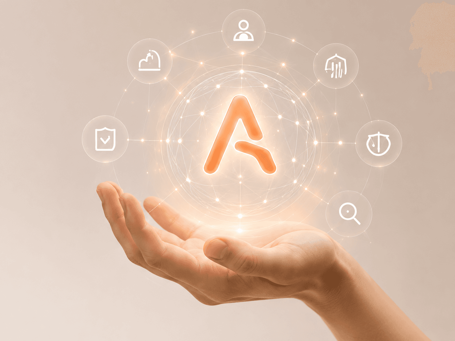 Hand holding the Artifia A mark surrounded by responsible AI principles